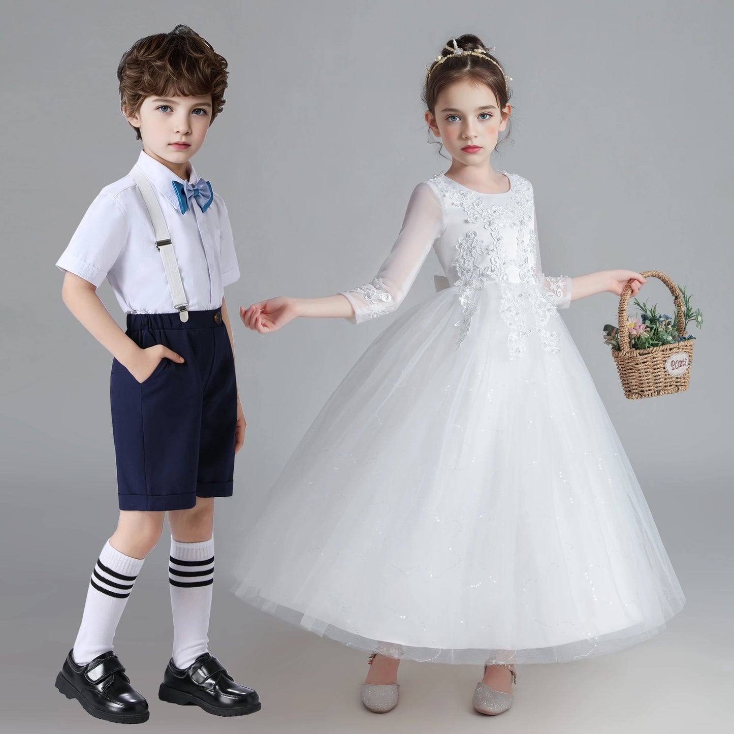 Kids Girl Princess White Long Dress For Occasions And Boy 2pcs Shirt+Pant Suit