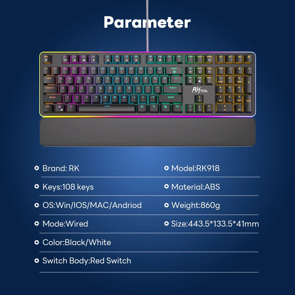 RK ROYAL KLUDGE RK918 Brazilian Portuguese Mechanical Keyboard 108 Keys RGB Backlight Gaming Keyboards with Side Lamp Hand Rest