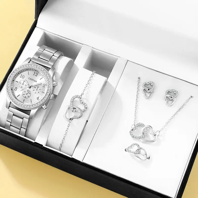 Rose Gold Luxury Watch Women Ring Necklace Earring Rhinestone Fashion Wristwatch Casual Ladies Bracelet Watches