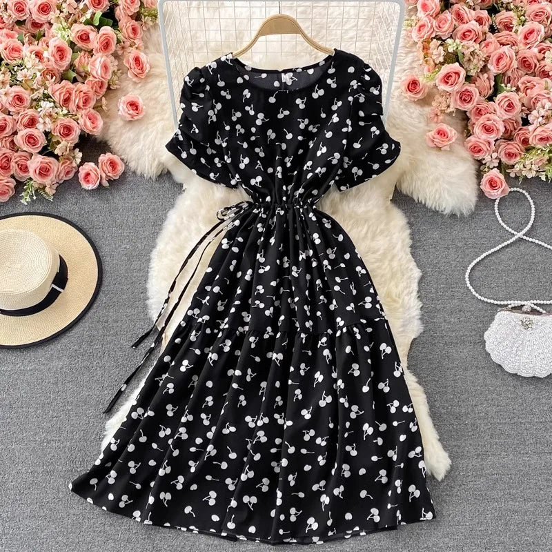 Women Dress Casual Vintage Drawstring Slim Waist A-line Long Dress Korean Fashion Sweet Cherry Printed Summer Dress