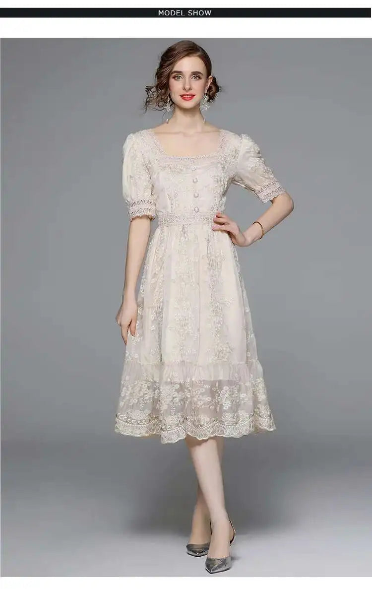Flower Embroidery White Lace Prom Dresses Women Short Sleeve Fashion Dress Female New Style