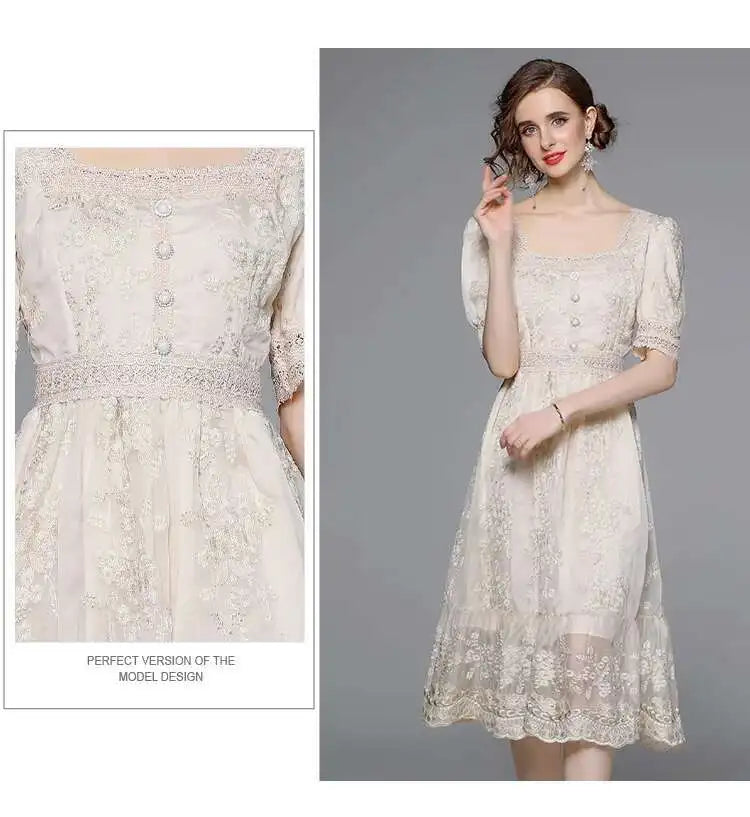 Flower Embroidery White Lace Prom Dresses Women Short Sleeve Fashion Dress Female New Style