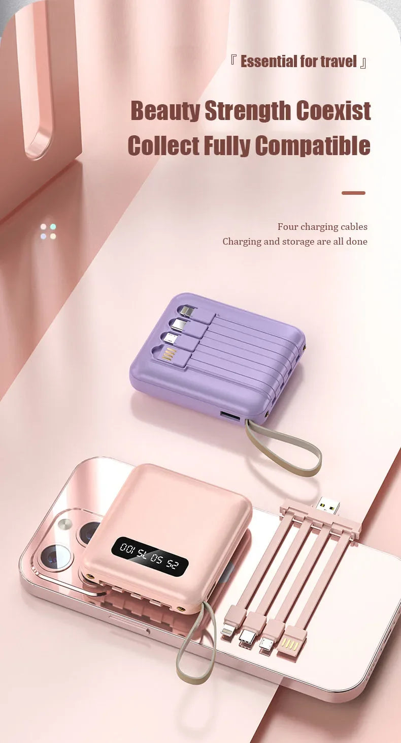 Phone Power Bank with 4 Charging Cables Mini Large Capacity Mirrored Power Bank Portable Fast Charging Powerbanks 20000 10000mAh