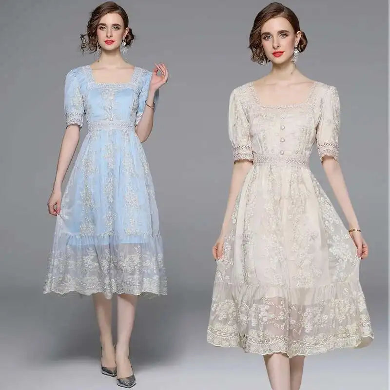 Flower Embroidery White Lace Prom Dresses Women Short Sleeve Fashion Dress Female New Style
