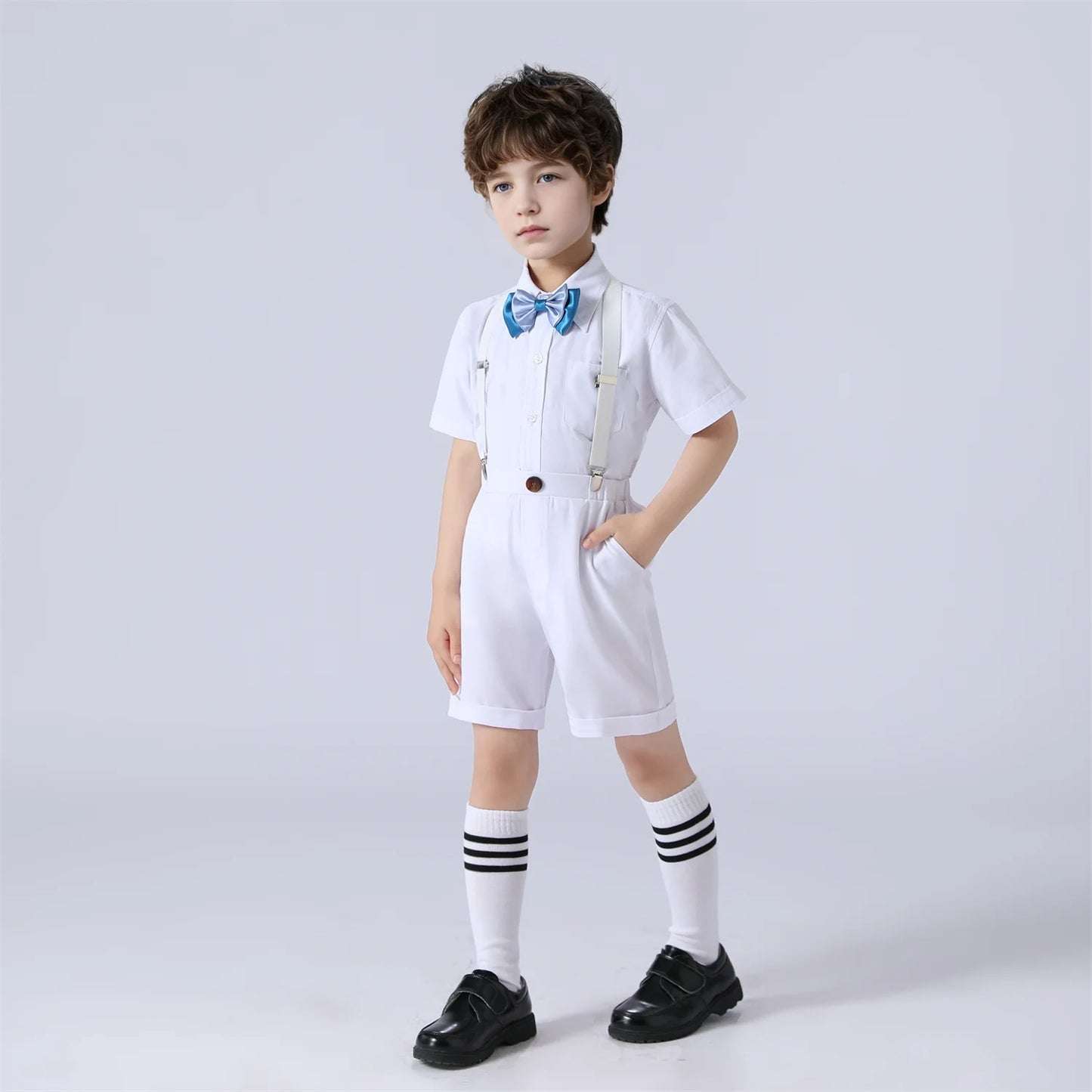 Kids Girl Princess White Long Dress For Occasions And Boy 2pcs Shirt+Pant Suit