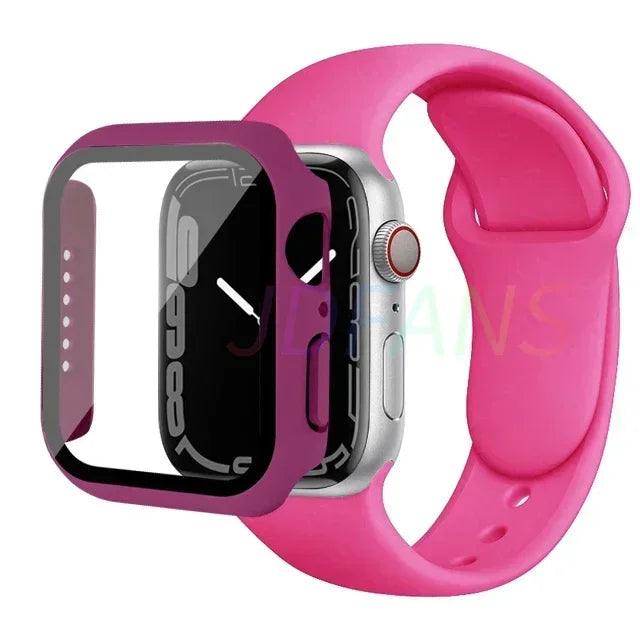 Glass+Case+Strap for Apple Watch Band 42mm 44mm 41mm 40mm 38mm 45mm 49mm Screen Protectors for Apple IWatch Series 8 7 6 SE 5 4