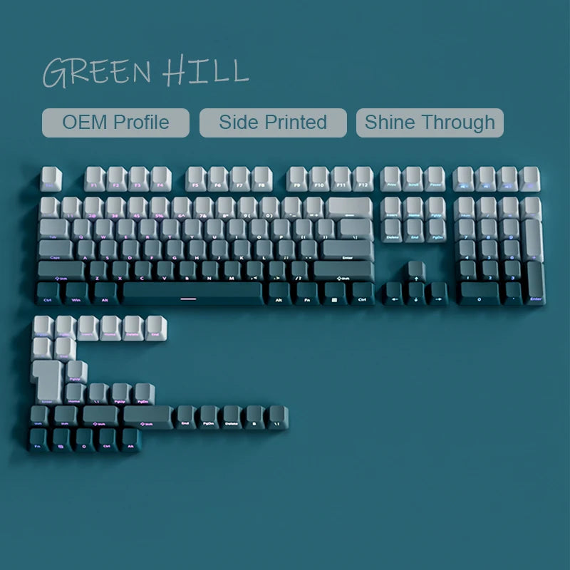 135 Keys Green Hill PBT Double Shot Keycaps Shine Through Side Print Keycaps OEM Profile for Cherry MX Switches Gaming Keyboards