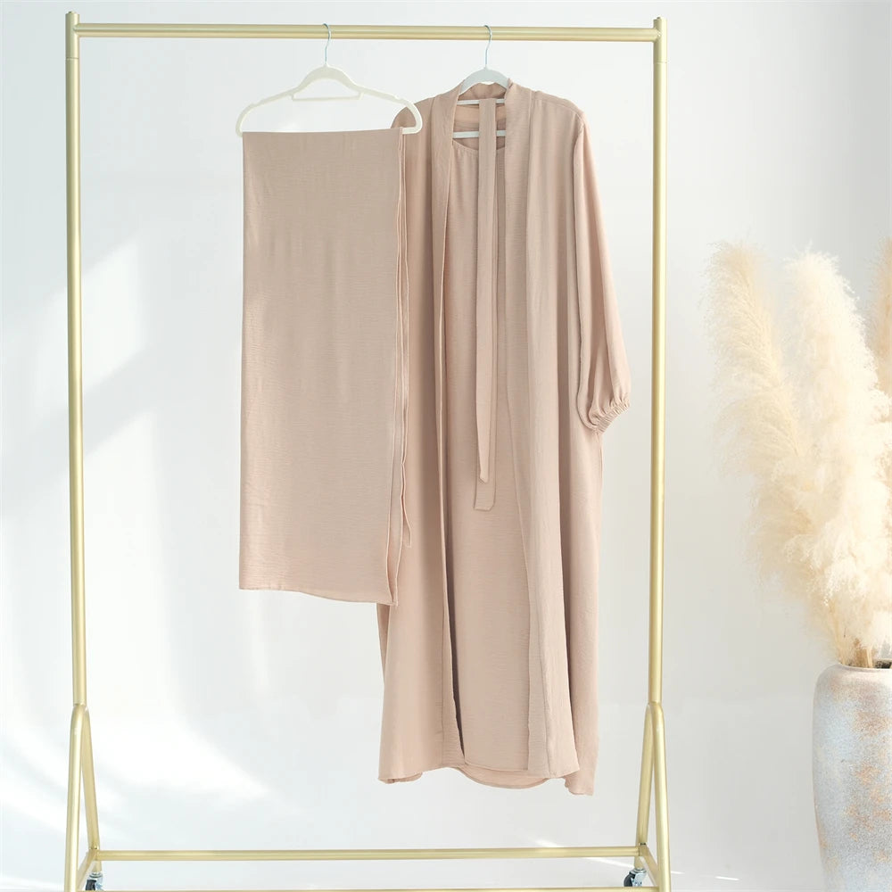 New Abaya Set Crinkle Fabric Open Abaya+Inner Long Dress Islamic Clothing Muslim Women Dresses Set