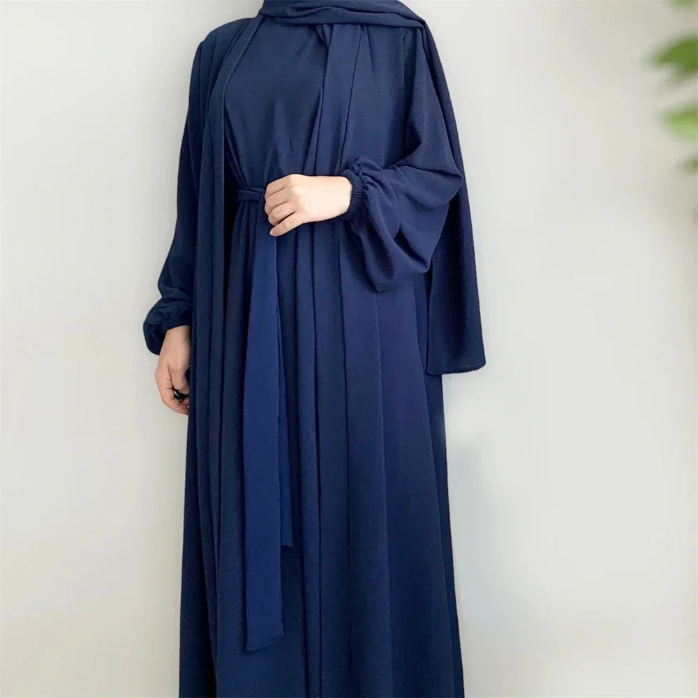 New Abaya Set Crinkle Fabric Open Abaya+Inner Long Dress Islamic Clothing Muslim Women Dresses Set