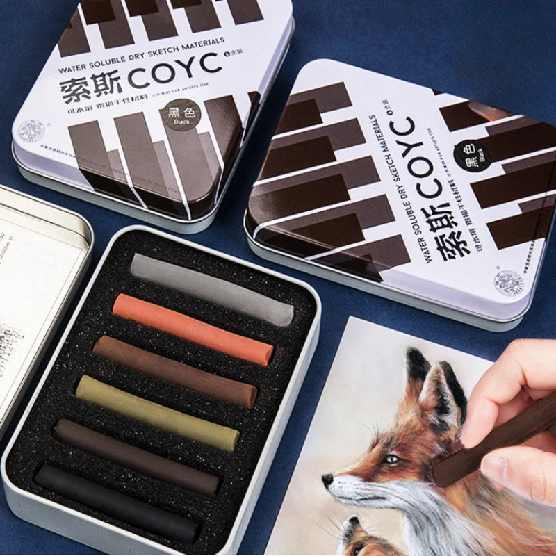 Water Soluble Sketch Painting Color Powder Stick Iron Box Set Artist Dry Wet Dual-purpose Charcoal Stick Art Charcoal Pencils