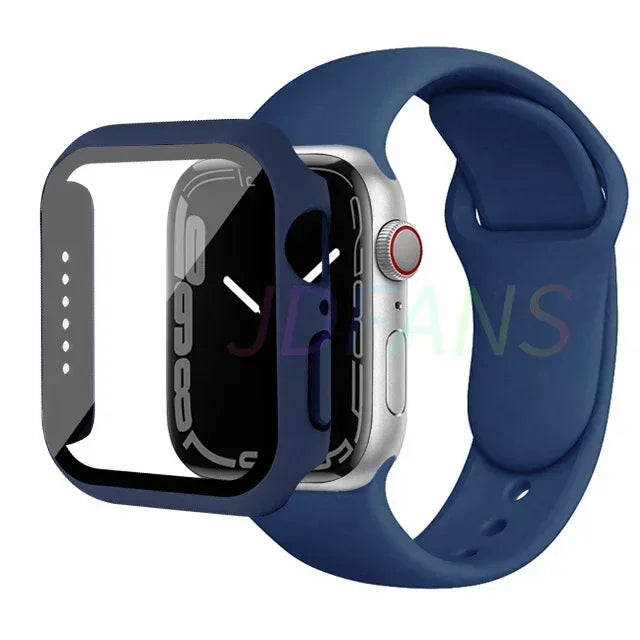 Glass+Case+Strap for Apple Watch Band 42mm 44mm 41mm 40mm 38mm 45mm 49mm Screen Protectors for Apple IWatch Series 8 7 6 SE 5 4