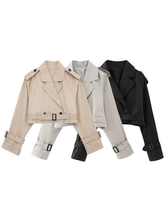 Women Fashion With Belt Cropped Trench Jacket Vintage Notched Neck Long Sleeve Coat