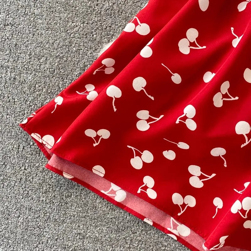 Women Dress Casual Vintage Drawstring Slim Waist A-line Long Dress Korean Fashion Sweet Cherry Printed Summer Dress