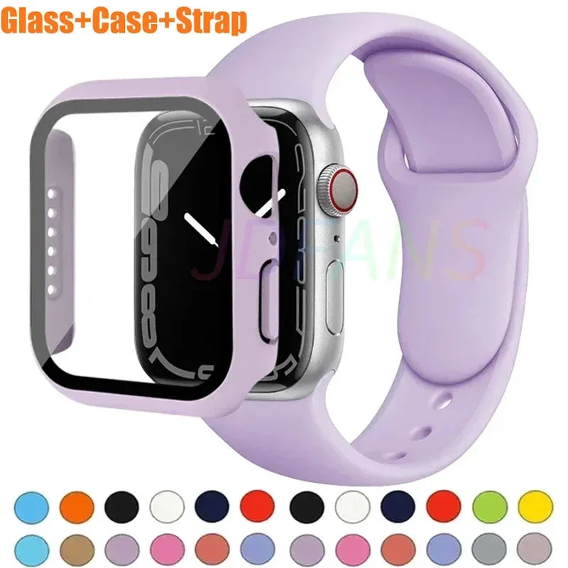 Glass+Case+Strap for Apple Watch Band 42mm 44mm 41mm 40mm 38mm 45mm 49mm Screen Protectors for Apple IWatch Series 8 7 6 SE 5 4