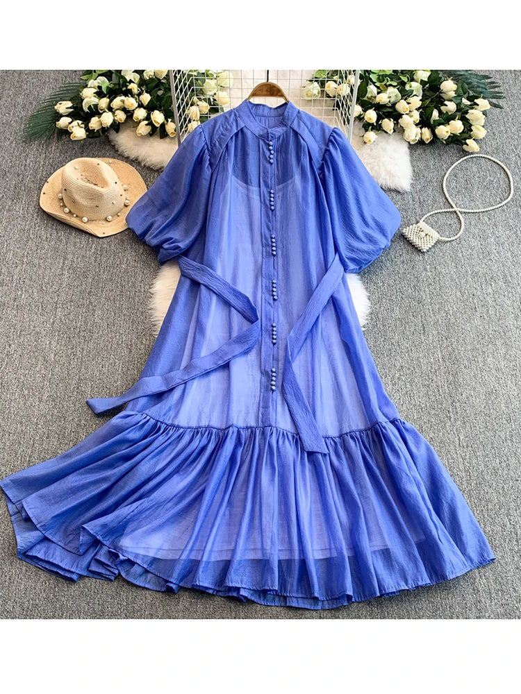 European American Dress in White Black Fashionable Lantern Sleeves Cinching Large Swing Long Dress