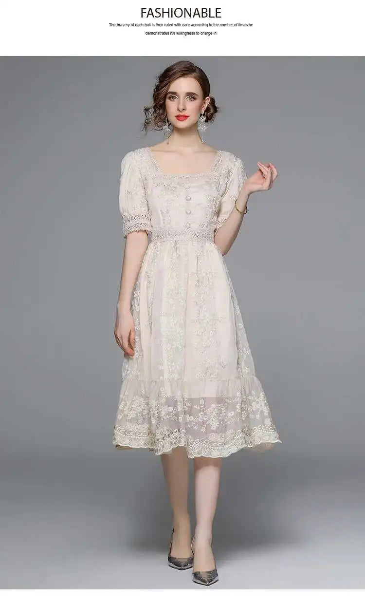 Flower Embroidery White Lace Prom Dresses Women Short Sleeve Fashion Dress Female New Style