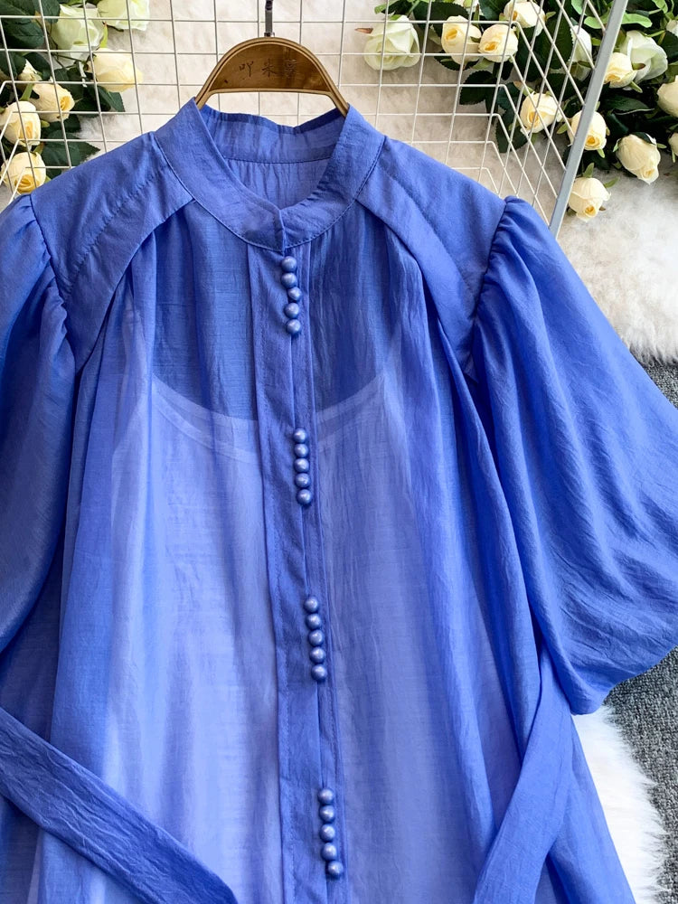 European American Dress in White Black Fashionable Lantern Sleeves Cinching Large Swing Long Dress