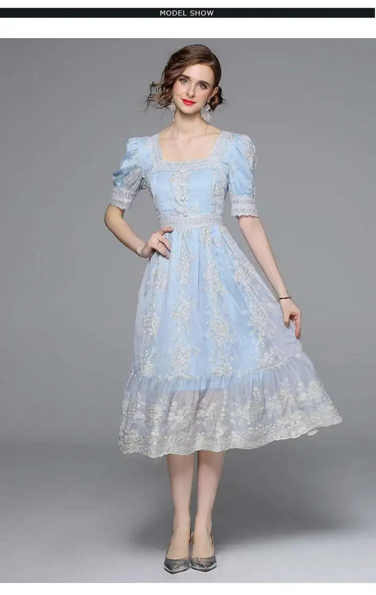 Flower Embroidery White Lace Prom Dresses Women Short Sleeve Fashion Dress Female New Style
