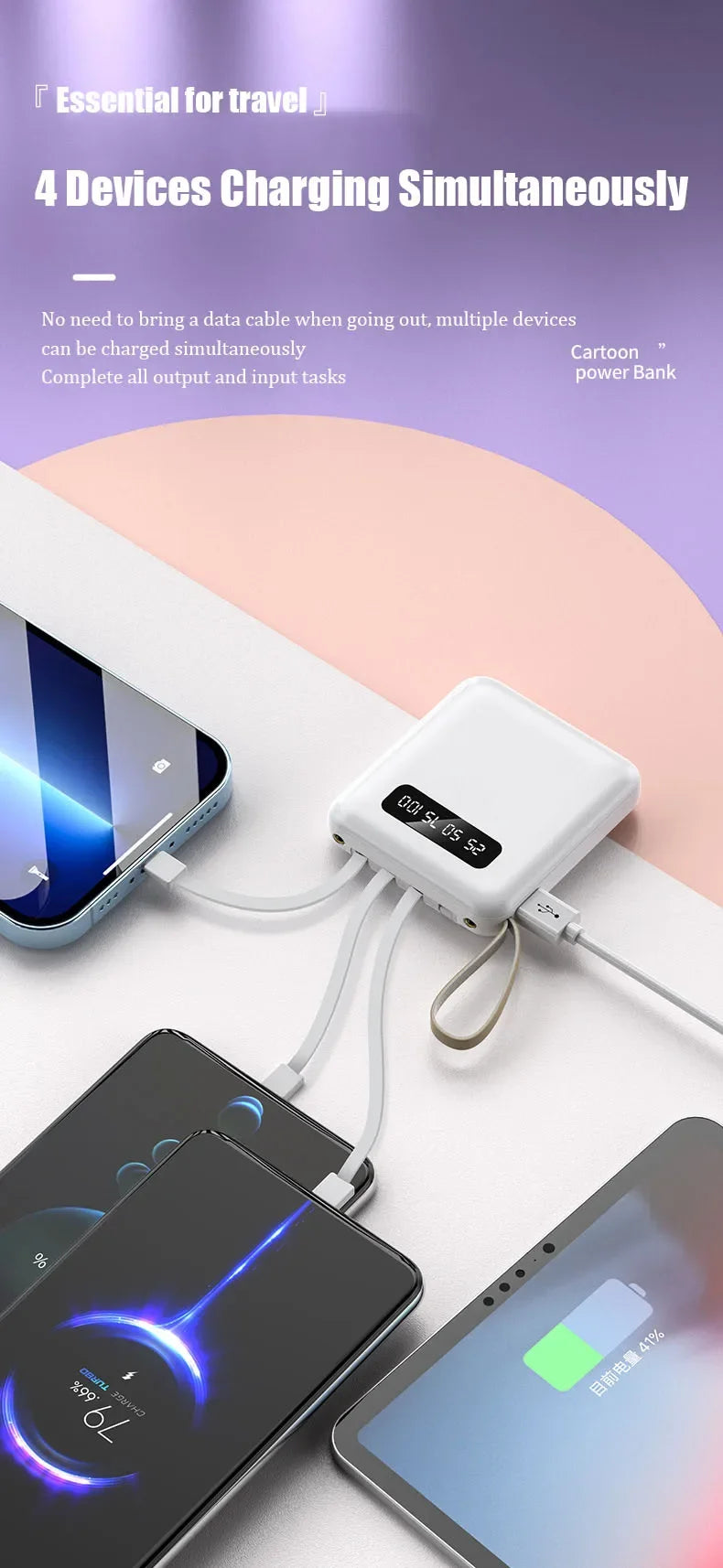 Phone Power Bank with 4 Charging Cables Mini Large Capacity Mirrored Power Bank Portable Fast Charging Powerbanks 20000 10000mAh