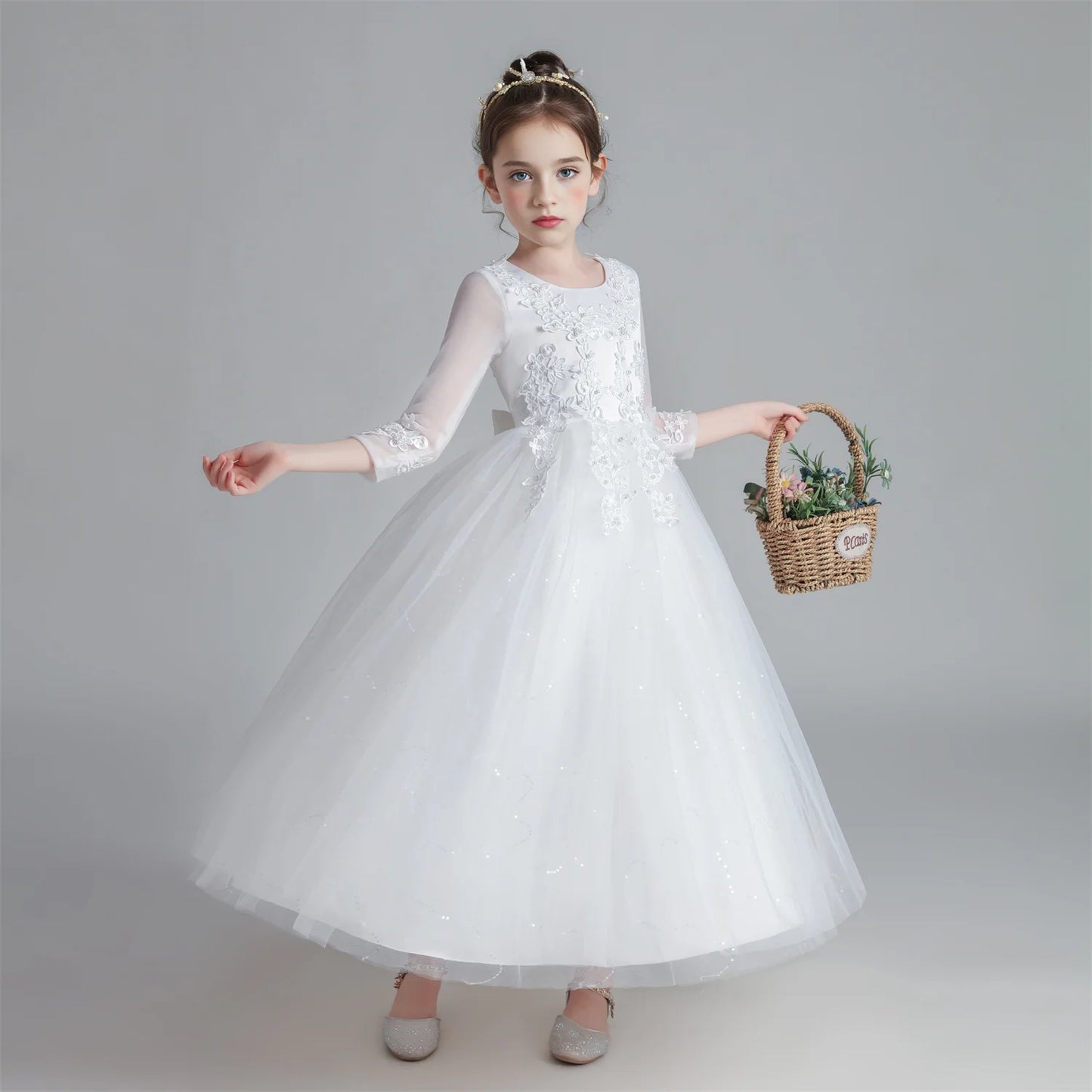 Kids Girl Princess White Long Dress For Occasions And Boy 2pcs Shirt+Pant Suit