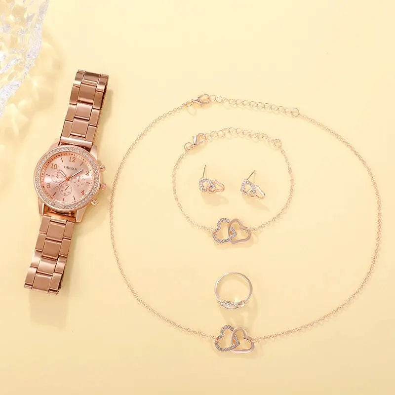 Rose Gold Luxury Watch Women Ring Necklace Earring Rhinestone Fashion Wristwatch Casual Ladies Bracelet Watches