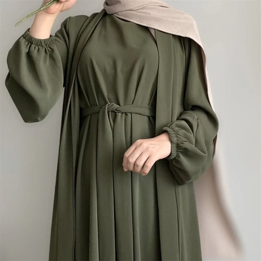 New Abaya Set Crinkle Fabric Open Abaya+Inner Long Dress Islamic Clothing Muslim Women Dresses Set