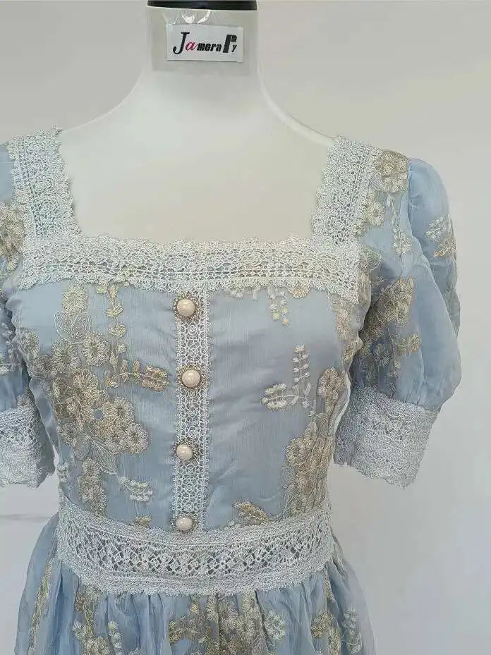 Flower Embroidery White Lace Prom Dresses Women Short Sleeve Fashion Dress Female New Style