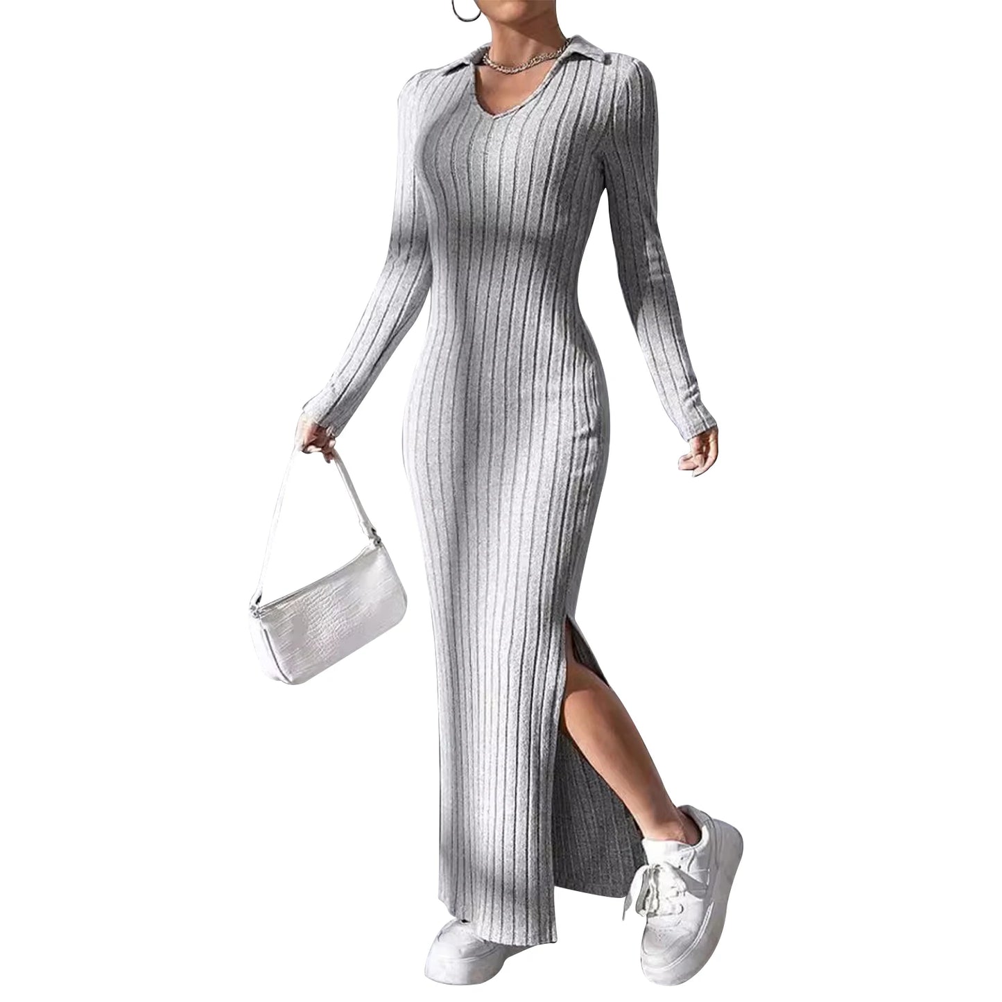 Women's Fall Winter Knitted Dress Long Sleeve Lapel Collar Solid Color Bodycon Long Dress