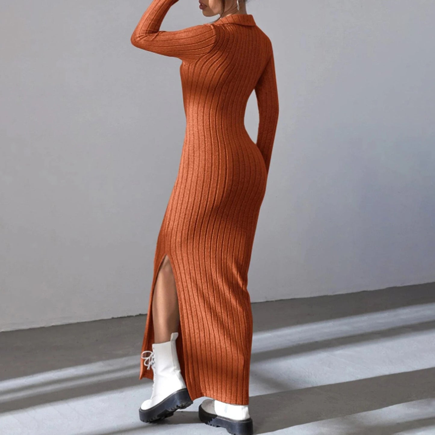 Women's Fall Winter Knitted Dress Long Sleeve Lapel Collar Solid Color Bodycon Long Dress