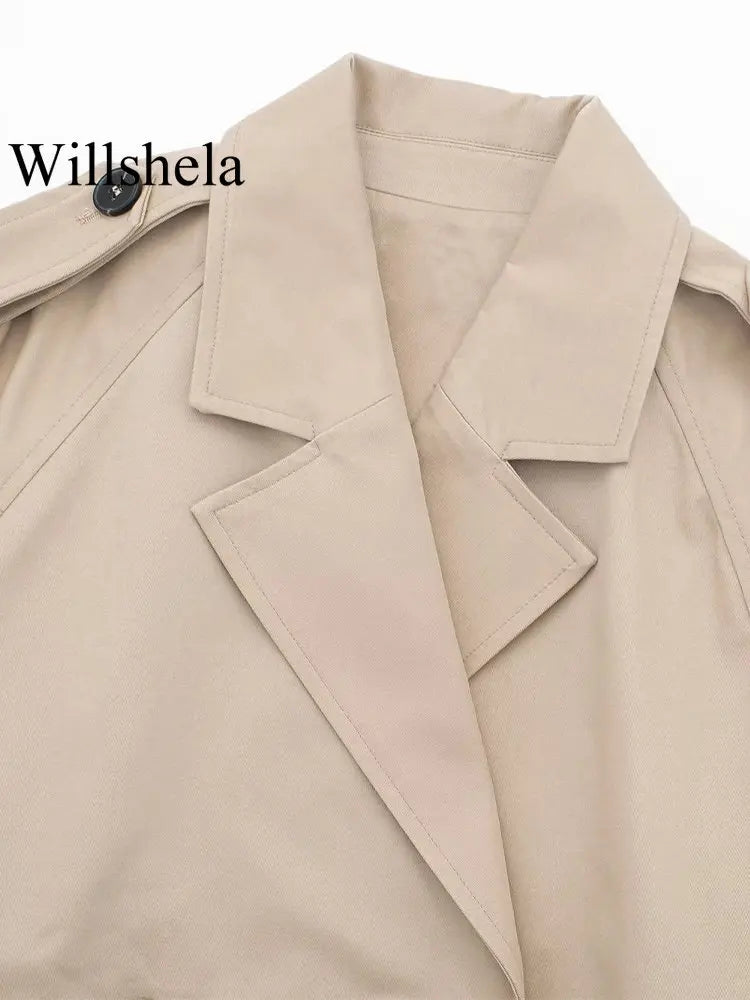 Women Fashion With Belt Cropped Trench Jacket Vintage Notched Neck Long Sleeve Coat