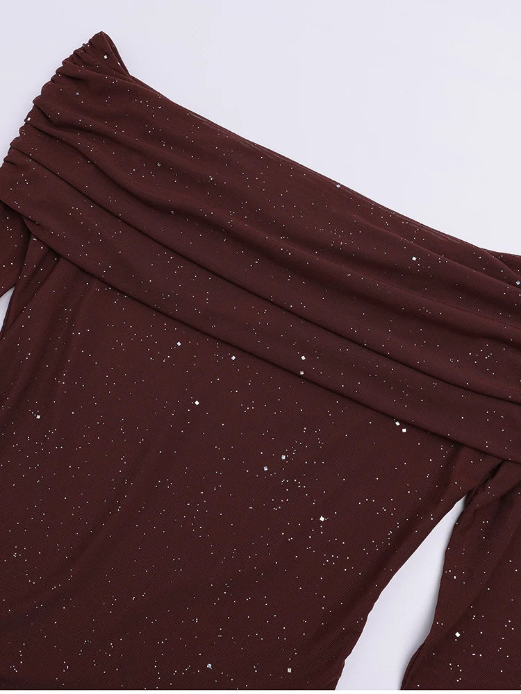 Women's Bell Sleeve Off Shoulder Sequin Long Dress Backless Double Layer Maxi Dresses