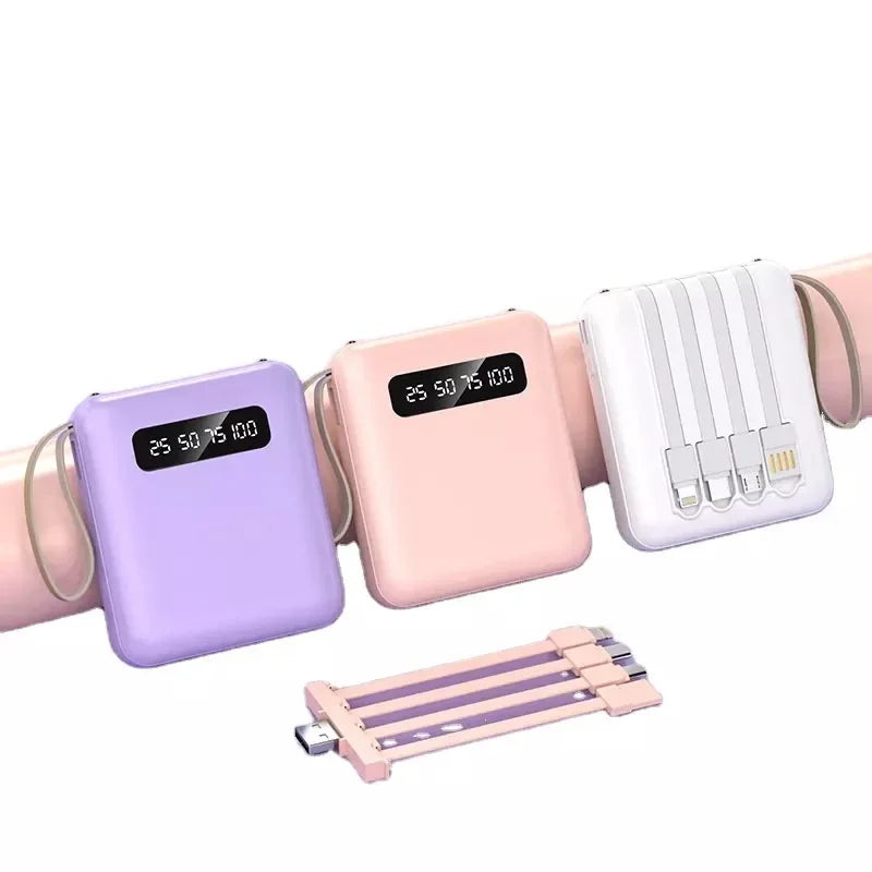 Phone Power Bank with 4 Charging Cables Mini Large Capacity Mirrored Power Bank Portable Fast Charging Powerbanks 20000 10000mAh