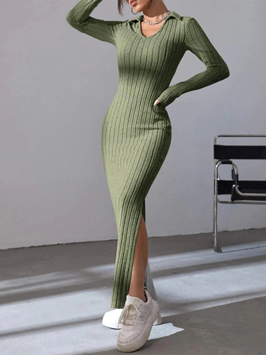 Women's Fall Winter Knitted Dress Long Sleeve Lapel Collar Solid Color Bodycon Long Dress