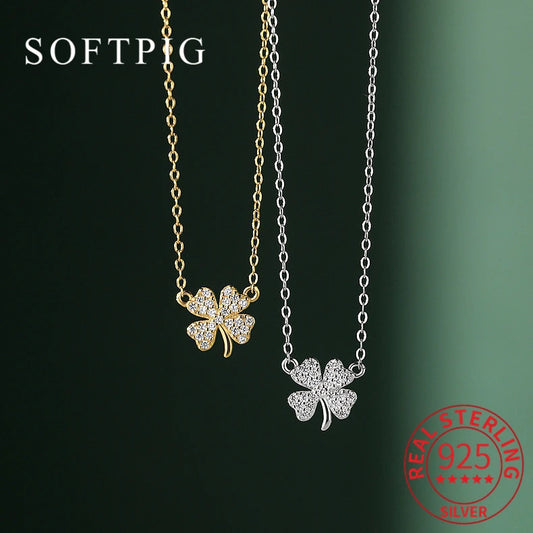 Real 925 Sterling Silver Zircon Clover Choker Necklace For Fashion Women Classic Fine Jewelry Minimalist Accessories