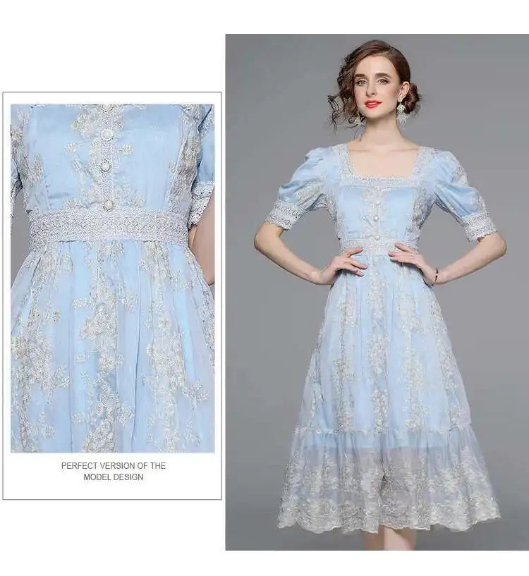 Flower Embroidery White Lace Prom Dresses Women Short Sleeve Fashion Dress Female New Style