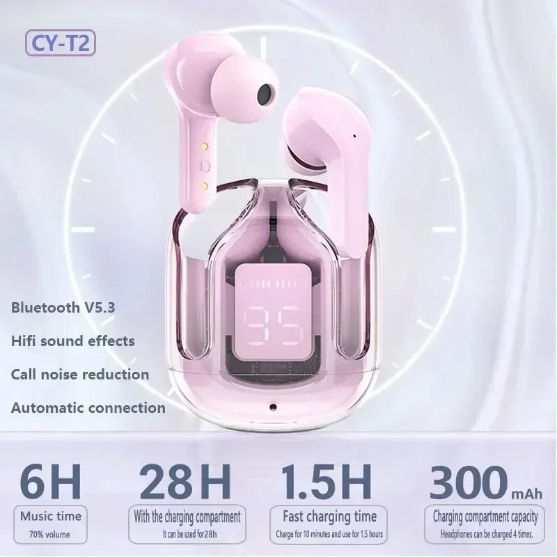 Wireless Bluetooth Headset Transparent ENC Headphones LED Power Digital Display Stereo Sound Earphones for all smartphone