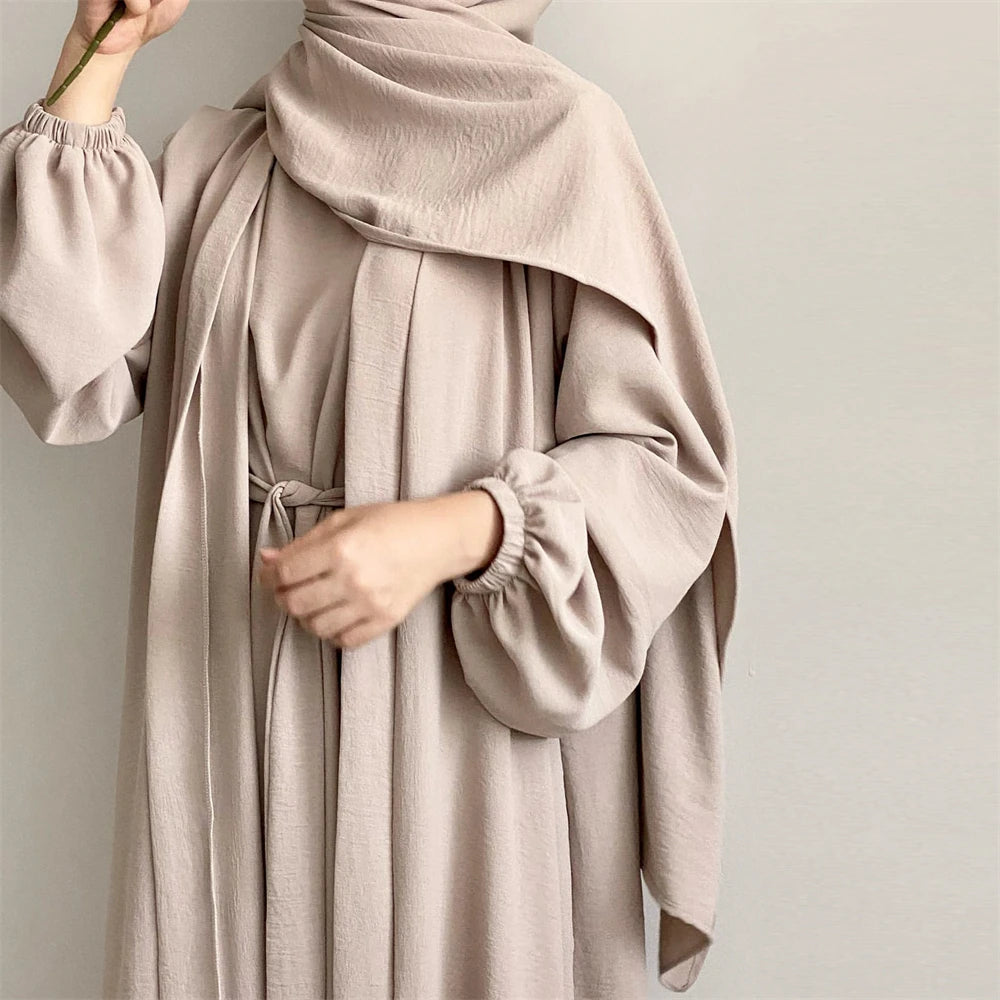New Abaya Set Crinkle Fabric Open Abaya+Inner Long Dress Islamic Clothing Muslim Women Dresses Set