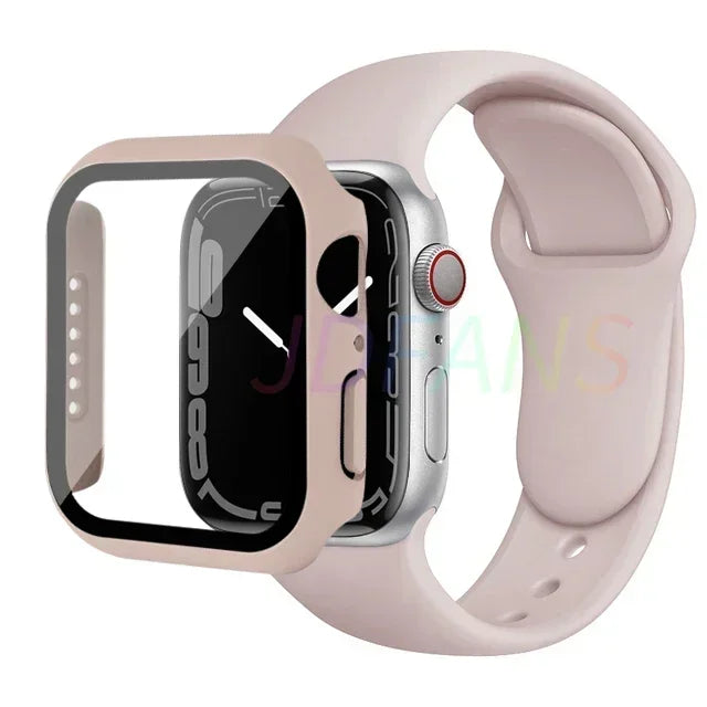 Glass+Case+Strap for Apple Watch Band 42mm 44mm 41mm 40mm 38mm 45mm 49mm Screen Protectors for Apple IWatch Series 8 7 6 SE 5 4