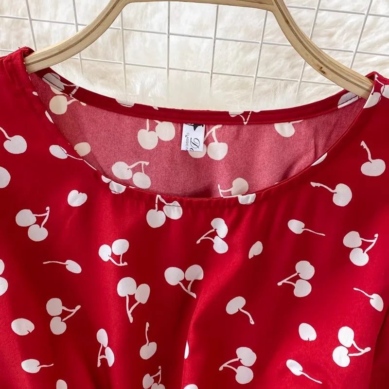 Women Dress Casual Vintage Drawstring Slim Waist A-line Long Dress Korean Fashion Sweet Cherry Printed Summer Dress