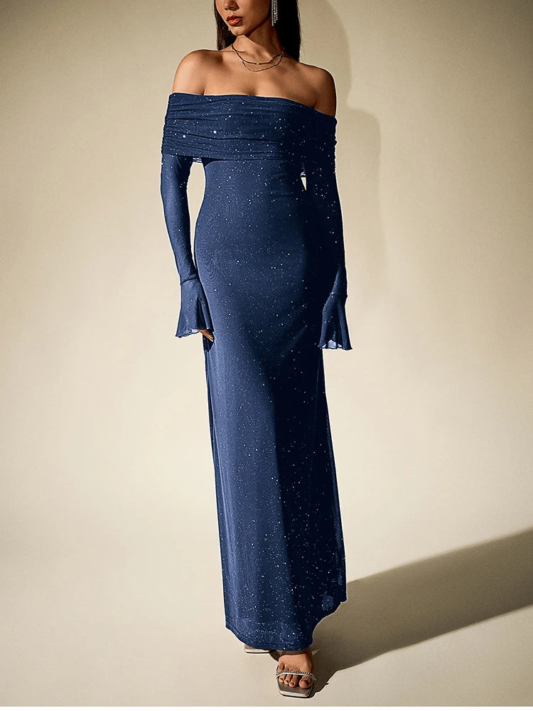 Women's Bell Sleeve Off Shoulder Sequin Long Dress Backless Double Layer Maxi Dresses