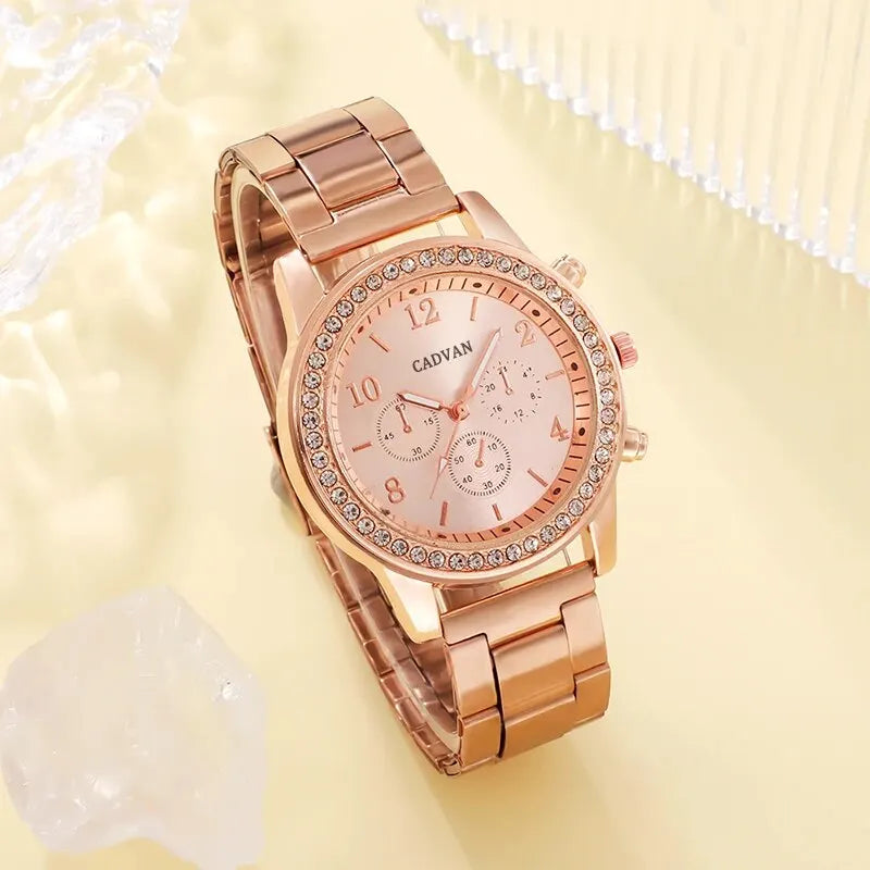 Rose Gold Luxury Watch Women Ring Necklace Earring Rhinestone Fashion Wristwatch Casual Ladies Bracelet Watches