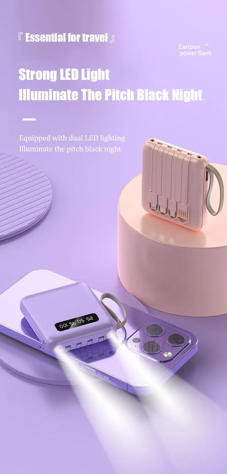 Phone Power Bank with 4 Charging Cables Mini Large Capacity Mirrored Power Bank Portable Fast Charging Powerbanks 20000 10000mAh