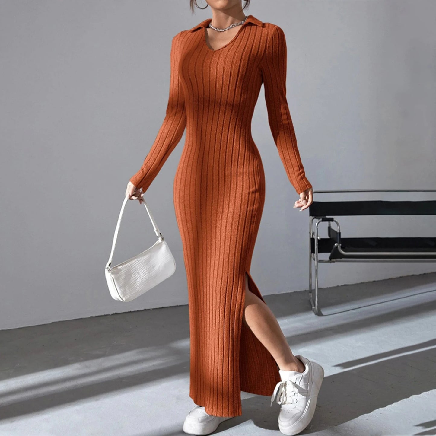 Women's Fall Winter Knitted Dress Long Sleeve Lapel Collar Solid Color Bodycon Long Dress
