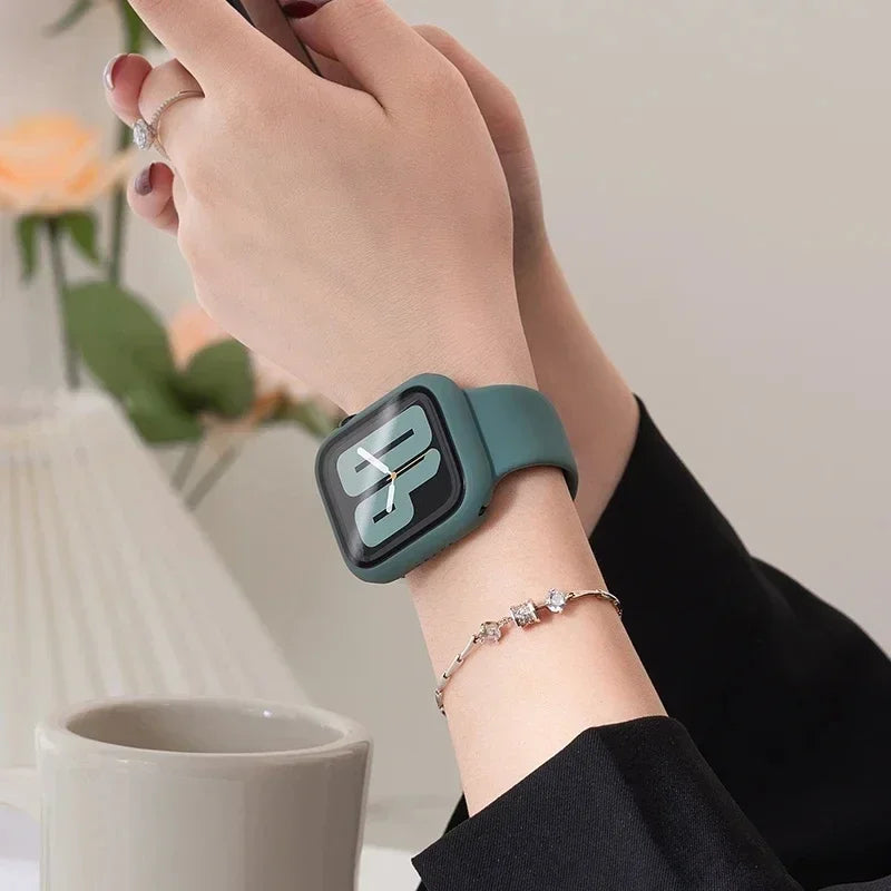 Glass+Case+Strap for Apple Watch Band 42mm 44mm 41mm 40mm 38mm 45mm 49mm Screen Protectors for Apple IWatch Series 8 7 6 SE 5 4