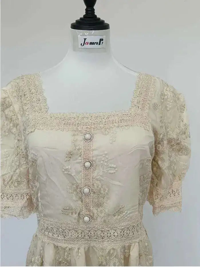 Flower Embroidery White Lace Prom Dresses Women Short Sleeve Fashion Dress Female New Style