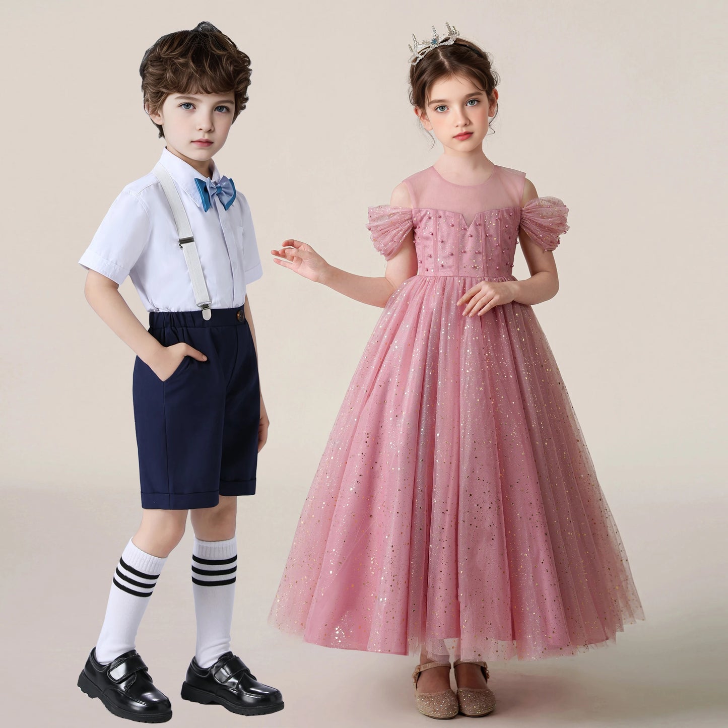 Kids Girl Princess White Long Dress For Occasions And Boy 2pcs Shirt+Pant Suit