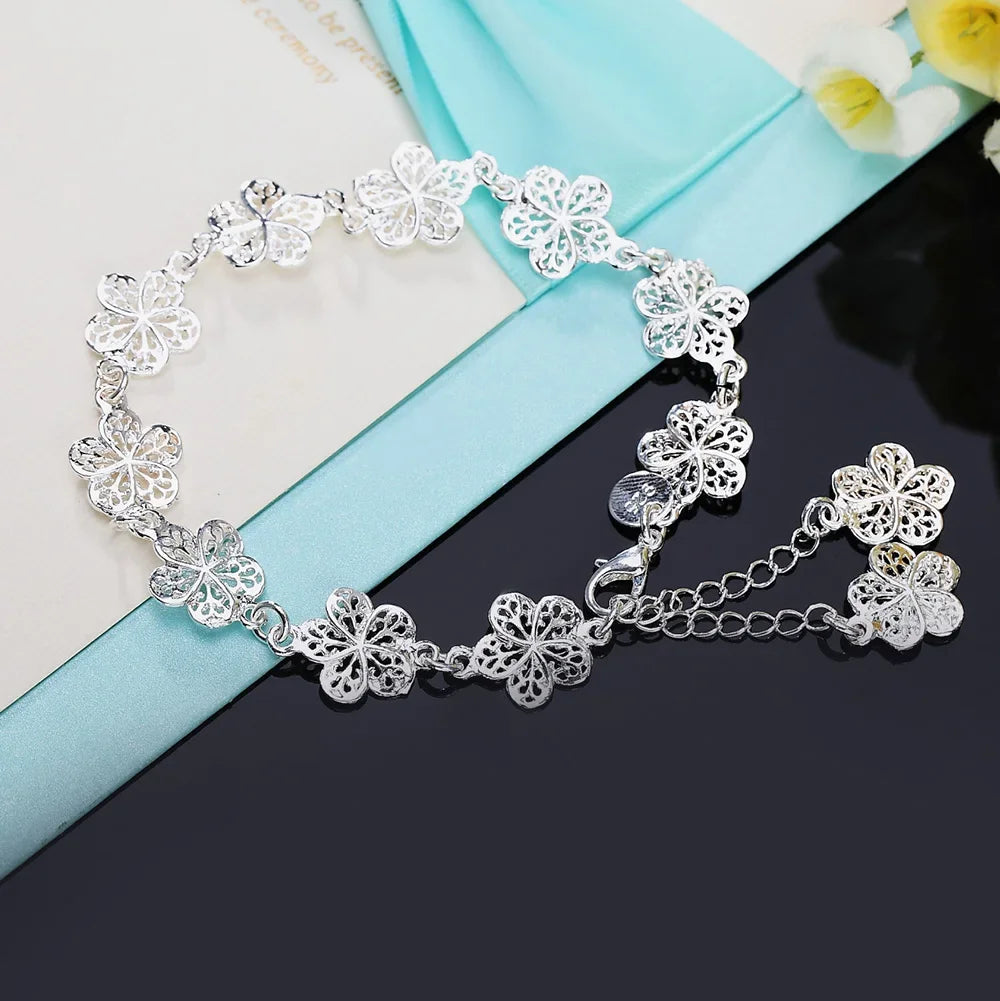 Silver charm Flowers Chain Bracelets for Women luxury Fashion Party Wedding Accessories Jewelry Christmas Gifts