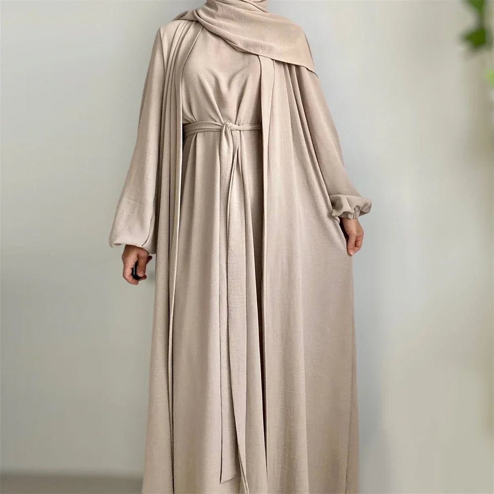 New Abaya Set Crinkle Fabric Open Abaya+Inner Long Dress Islamic Clothing Muslim Women Dresses Set