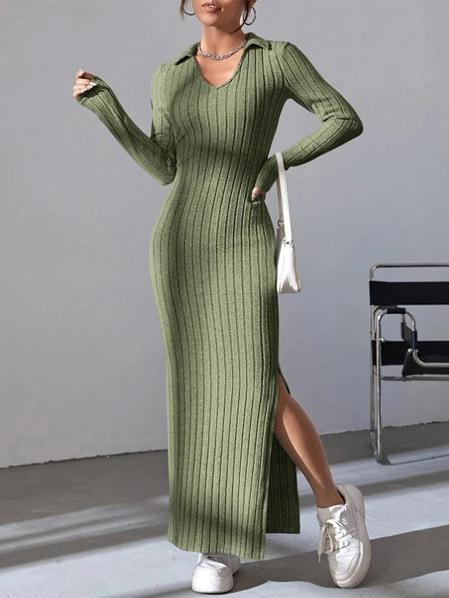 Women's Fall Winter Knitted Dress Long Sleeve Lapel Collar Solid Color Bodycon Long Dress