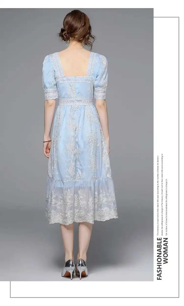 Flower Embroidery White Lace Prom Dresses Women Short Sleeve Fashion Dress Female New Style